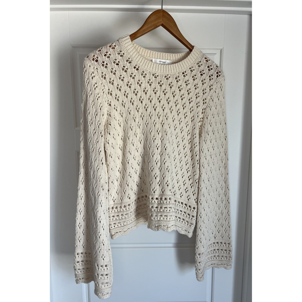 FRAME Cable Knit Fisherman Sweater Crop M Cream Cotton Silk Chunky Knit Preppy